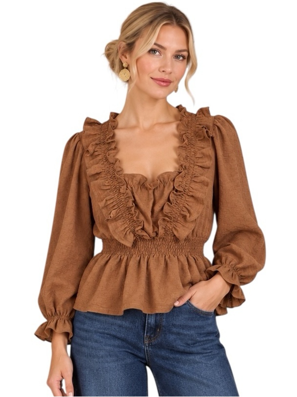 Umgee Brown Walnut Ruffle Long Sleeve Blouse Top